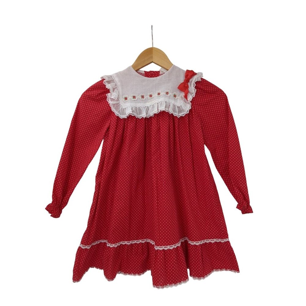 Vintage Holiday Party Dress Girls 6X Red White Floral Collar Lace Long Sleeve